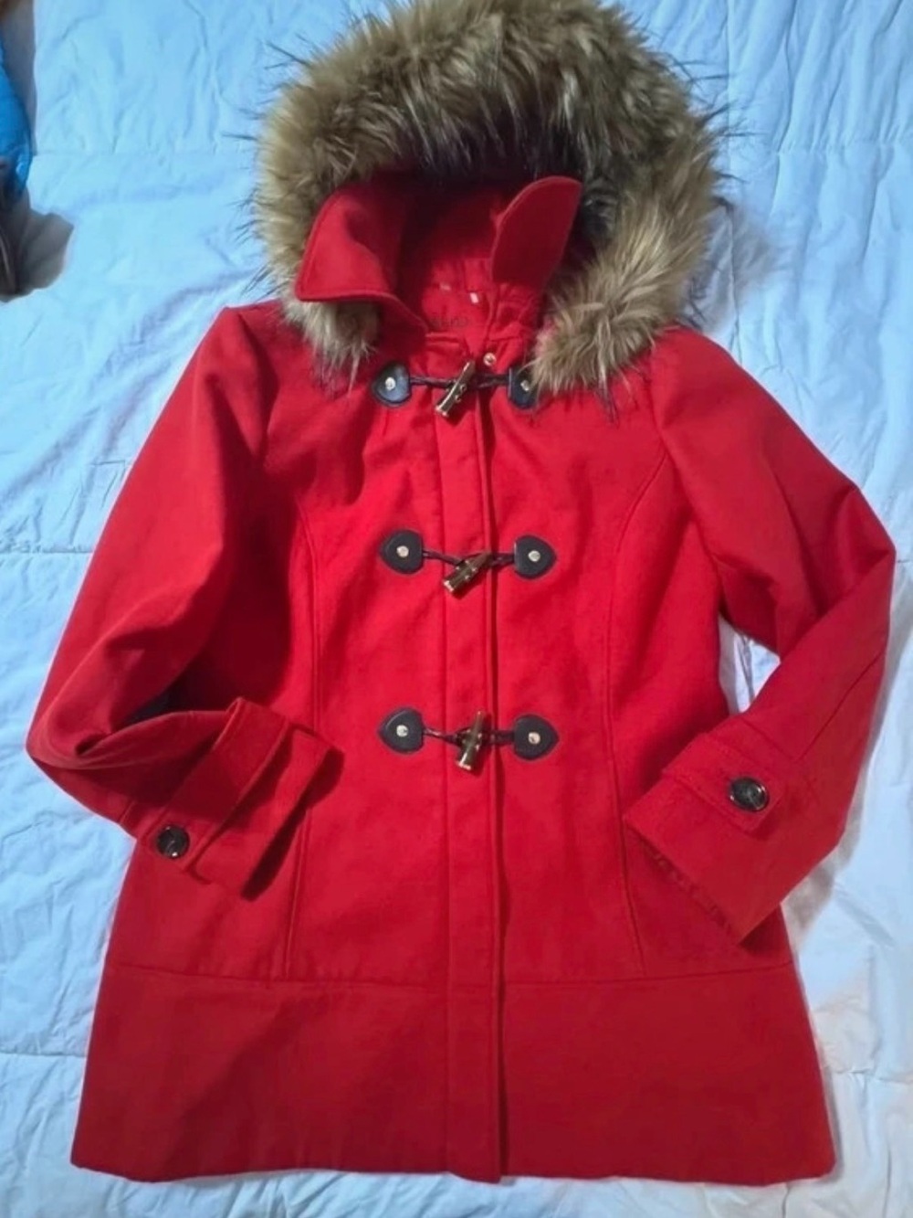 Calvin Klein Red Toggle Pea Coat with Faux Fur Hood